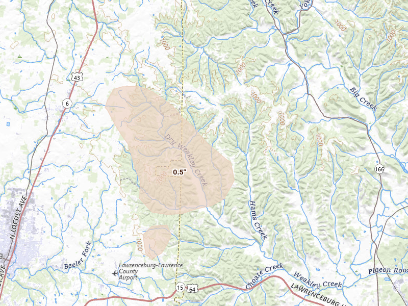 Radar-estimated hail-size map of the storm over Ethridge, TN on Jul 5, 2026