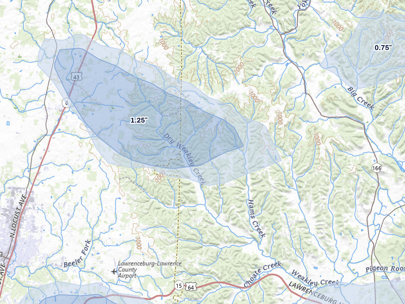 NEXRAD radar-signature map of the hail storm over Ethridge, TN on Jul 5, 2026