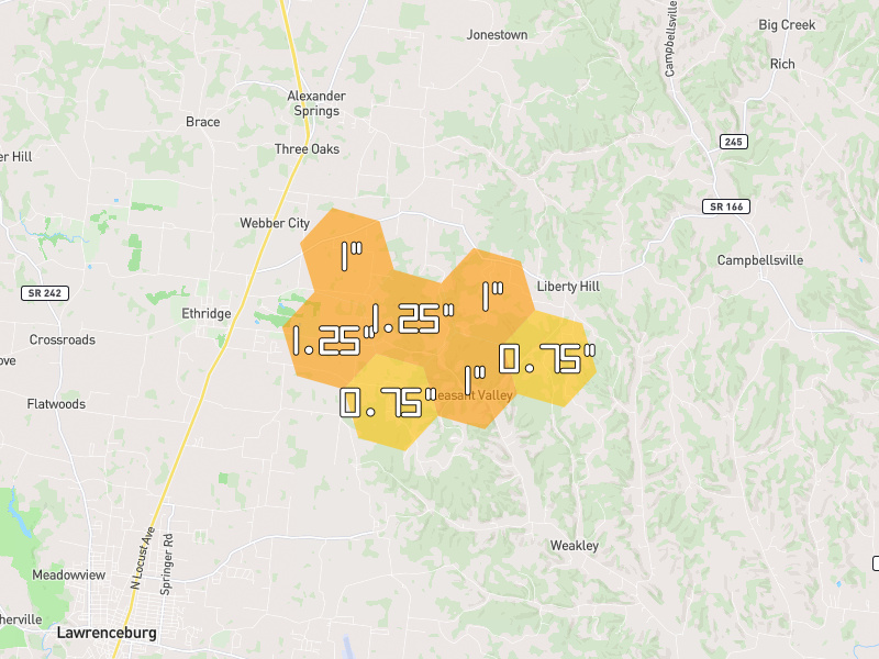 Hail map of Ethridge, TN on Jul 5, 2026, hail up to 1.25"