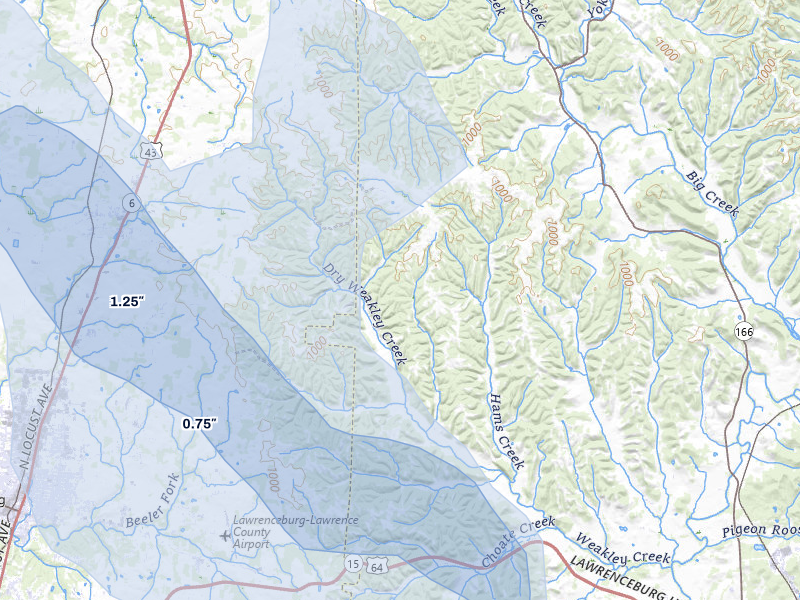 NEXRAD radar-signature map of the hail storm over Ethridge, TN on Jul 9, 2026