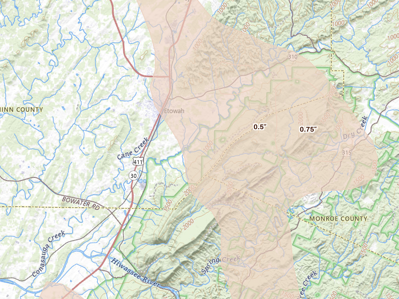 Radar-estimated hail-size map of the storm over Etowah, TN on Jul 28, 2026