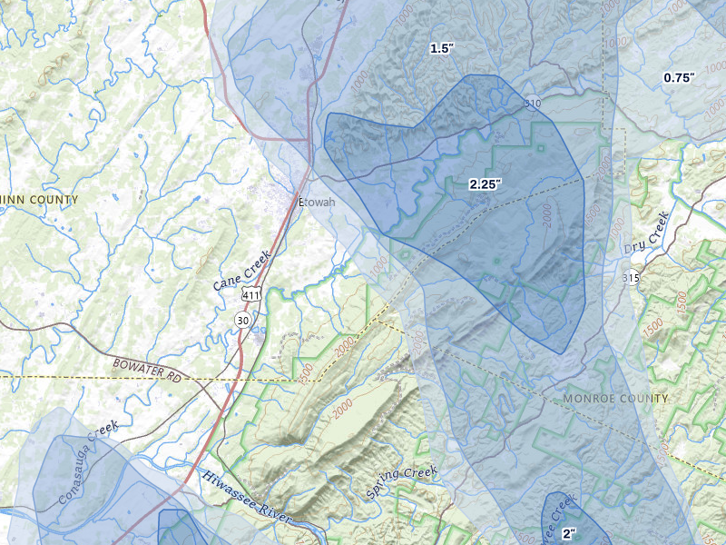 NEXRAD radar-signature map of the hail over Etowah, TN