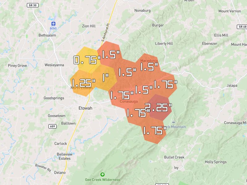 Hail map of Etowah, TN on Jul 28, 2026, hail up to 2.25"