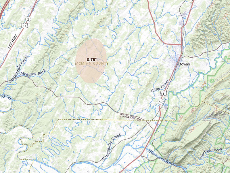 Radar-estimated hail-size map of the storm over Etowah, TN on Aug 7, 2026