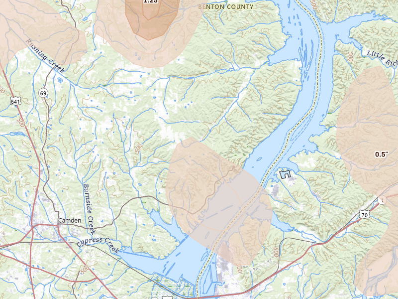 Radar-estimated hail-size map of the storm over Eva, TN on Jul 2, 2026