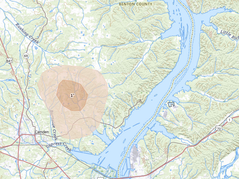 Radar-estimated hail-size map of the storm over Eva, TN on Jul 3, 2026