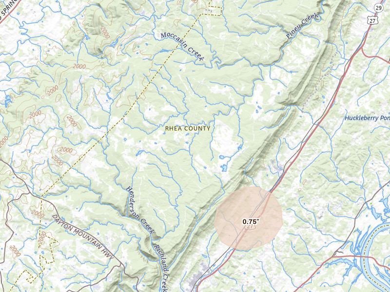 Radar-estimated hail-size map of the storm over Evensville, TN on Aug 9, 2026