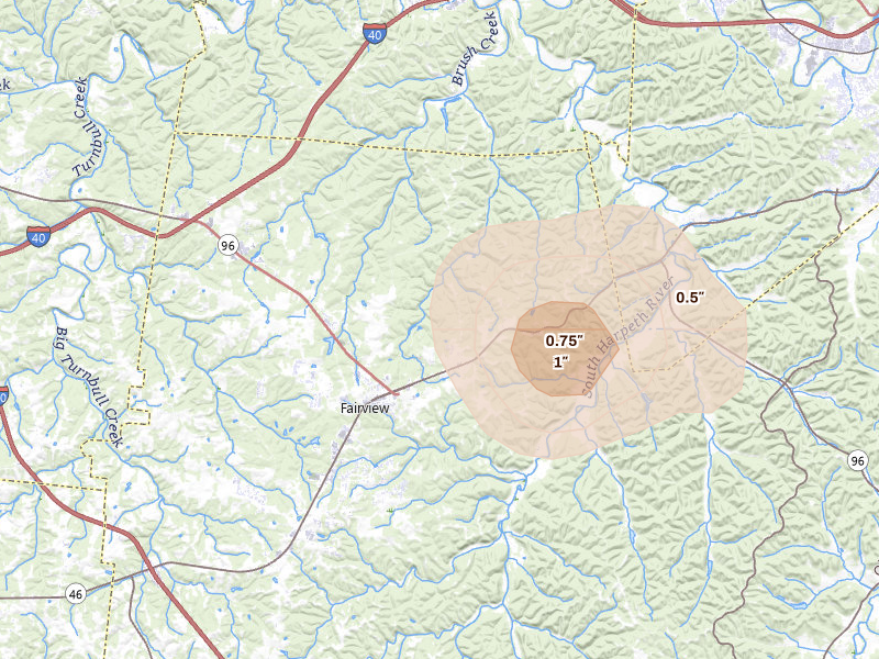 Radar-estimated hail-size map of the storm over Fairview, TN on Jul 2, 2026