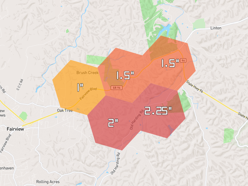 Hail map of Fairview, TN on Jul 2, 2026, hail up to 2.25"