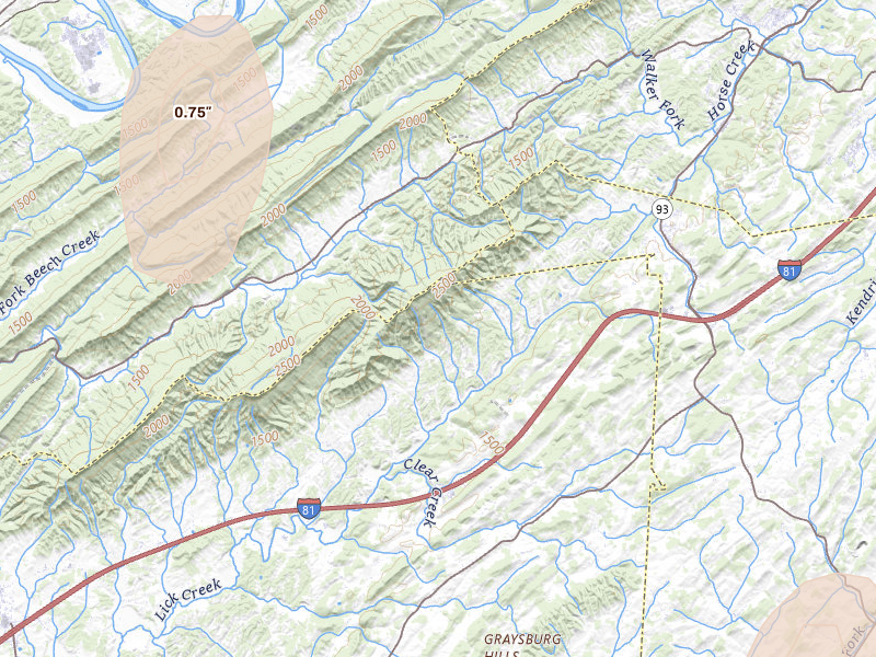 Radar-estimated hail-size map of the storm over Fall Branch, TN on Jun 29, 2026