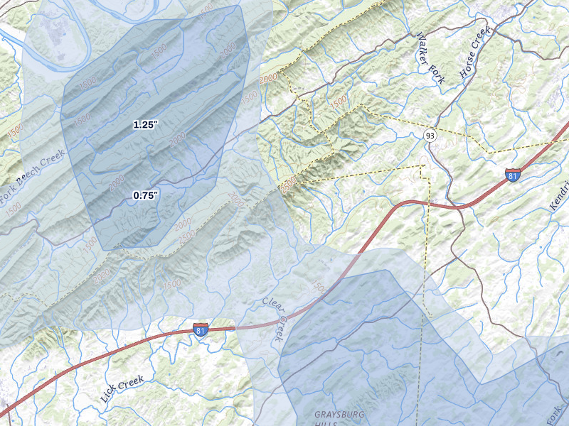 NEXRAD radar-signature map of the hail storm over Fall Branch, TN on Jun 29, 2026