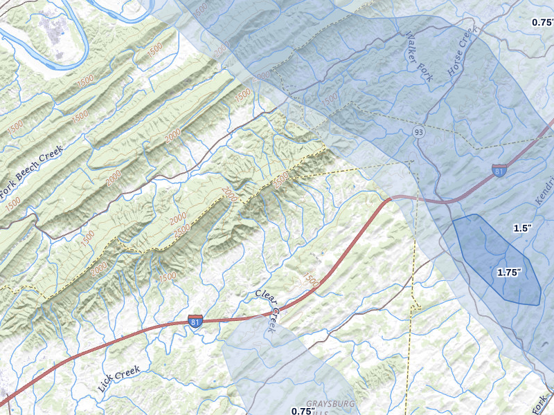 NEXRAD radar-signature map of the hail storm over Fall Branch, TN on Jul 28, 2026