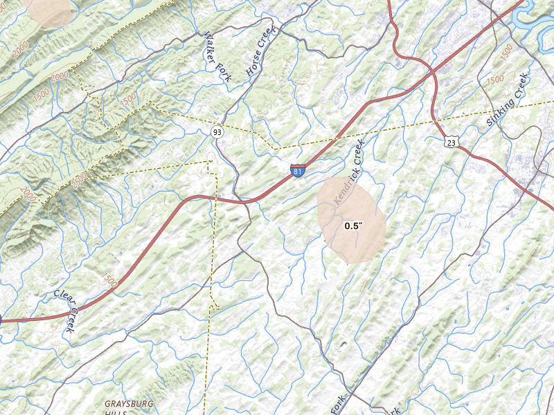 Radar-estimated hail-size map of the storm over Fall Branch, TN