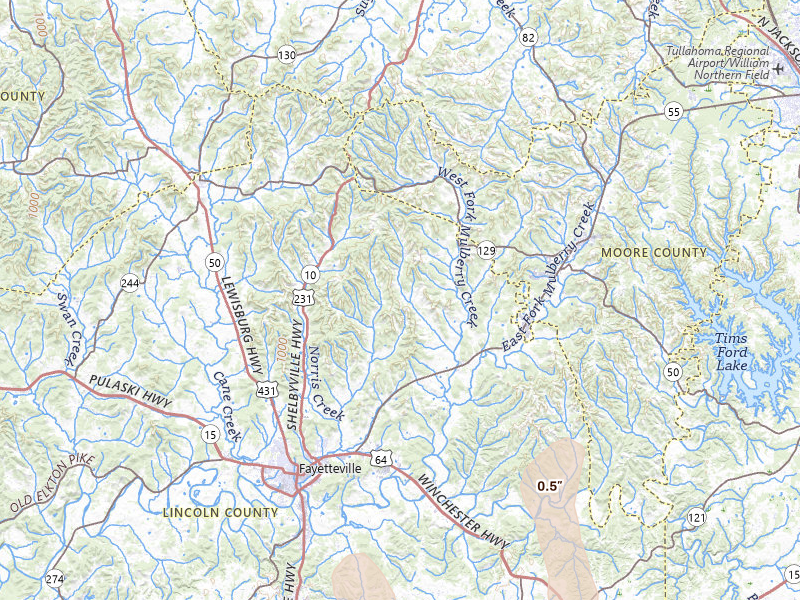 Radar-estimated hail-size map of the storm over Fayetteville, TN on May 31, 2026