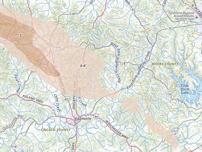 Radar-estimated hail-size map of the storm over Fayetteville, TN on Jun 1, 2026