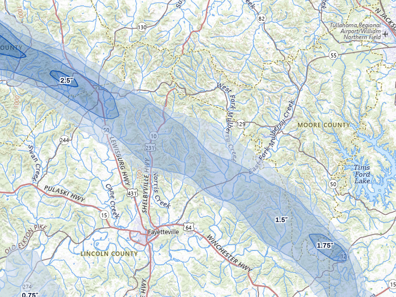 NEXRAD radar-signature map of the hail storm over Fayetteville, TN on Jun 1, 2026