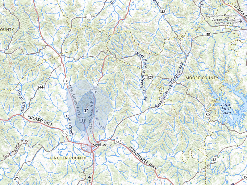 NEXRAD radar-signature map of the hail over Fayetteville, TN