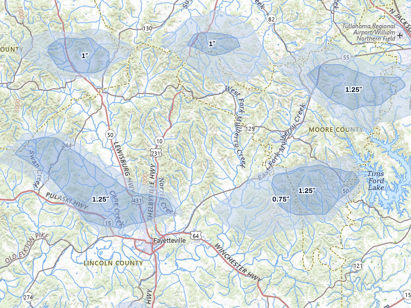 NEXRAD radar-signature map of the hail storm over Fayetteville, TN on Jul 3, 2026