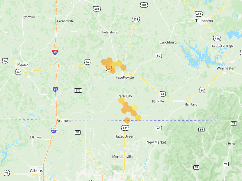 Hail map of Fayetteville, TN on Jul 3, 2026, hail up to 1.25"