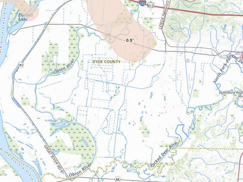 Radar-estimated hail-size map of the storm over Finley, TN on Jul 9, 2026