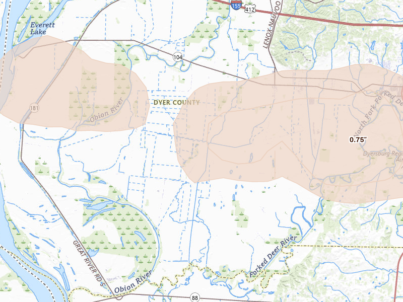 Radar-estimated hail-size map of the storm over Finley, TN on Jul 11, 2026
