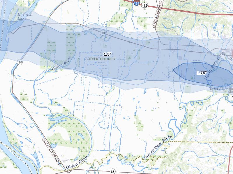 NEXRAD radar-signature map of the hail over Finley, TN