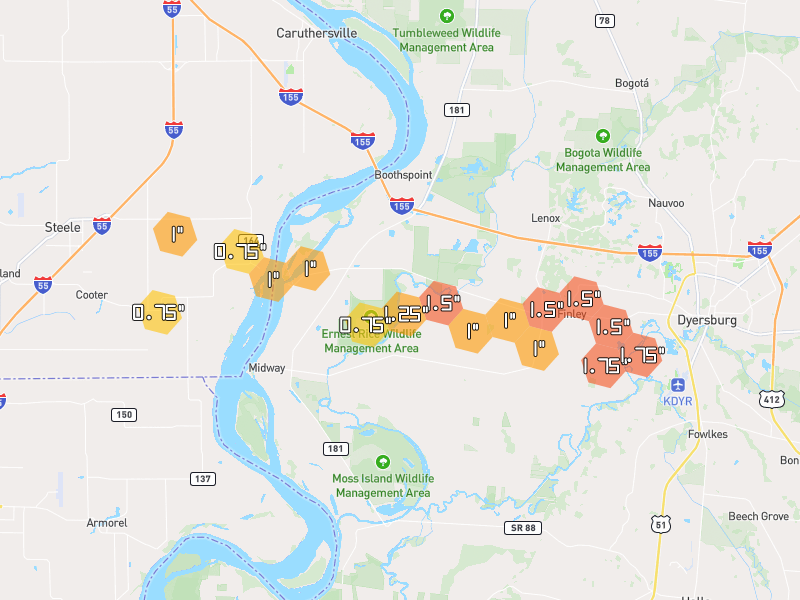 Hail map of Finley, TN on Jul 11, 2026, hail up to 1.75"