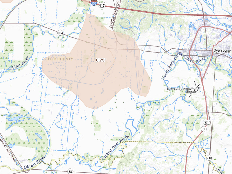 Radar-estimated hail-size map of the storm over Finley, TN on Aug 19, 2026