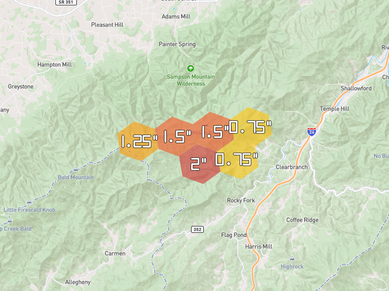 Hail map of Flag Pond, TN on Jun 29, 2026, hail up to 2"