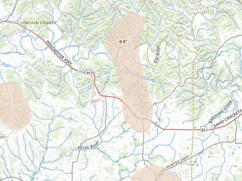 Radar-estimated hail-size map of the storm over Flintville, TN on May 31, 2026