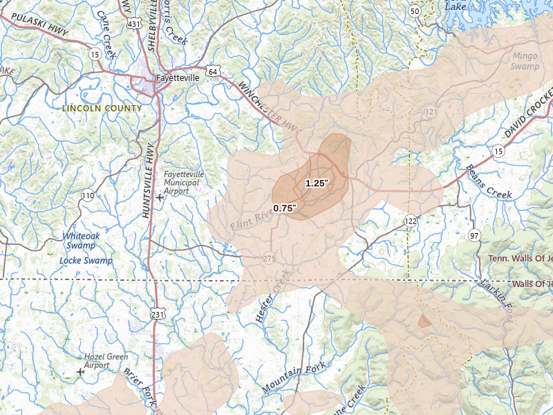 Radar-estimated hail-size map of the storm over Flintville, TN on Aug 20, 2026