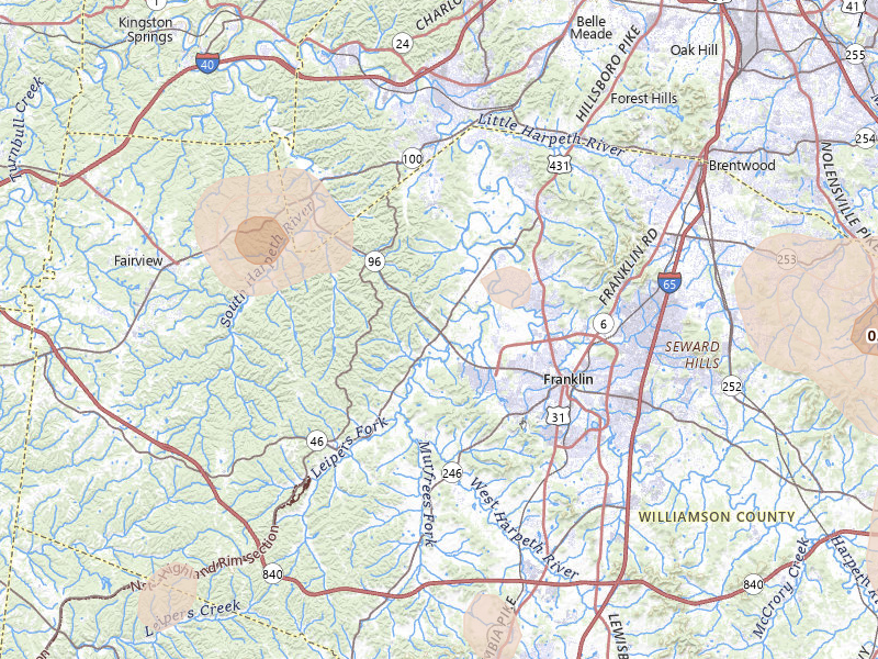Radar-estimated hail-size map of the storm over Franklin, TN on Jul 2, 2026