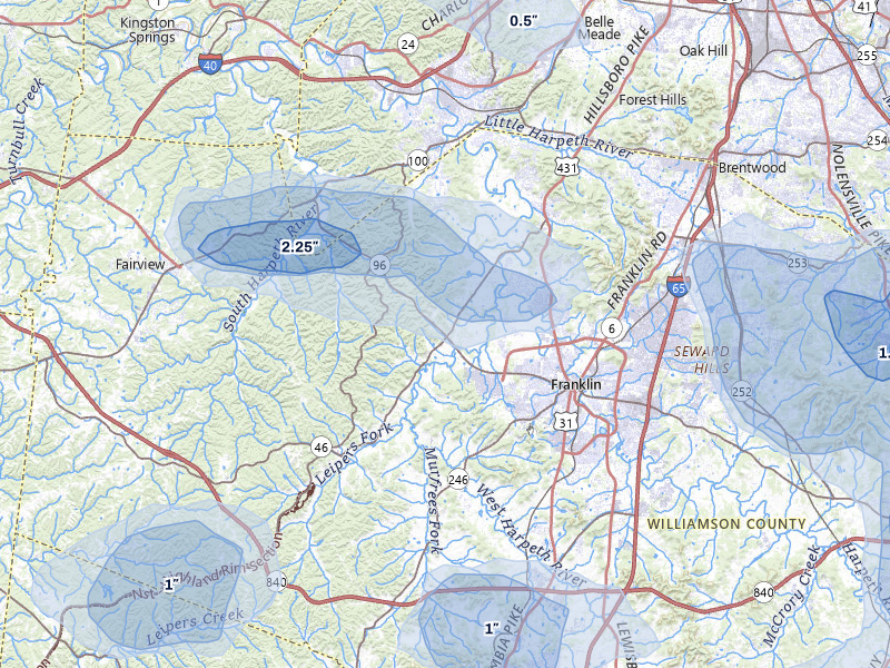 NEXRAD radar-signature map of the hail over Franklin, TN