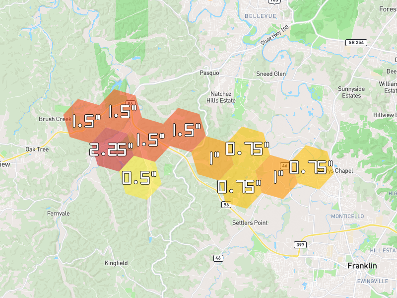 Hail map of Franklin, TN on Jul 2, 2026, hail up to 2.25"
