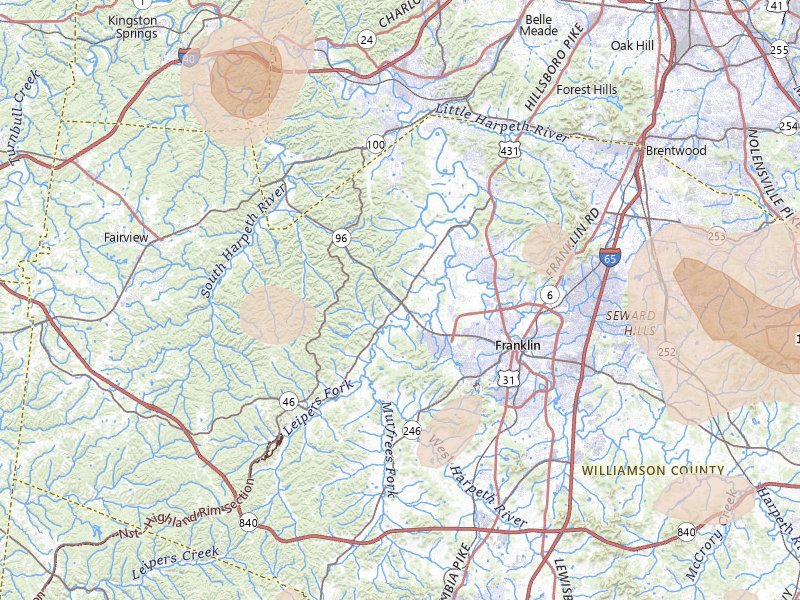 Radar-estimated hail-size map of the storm over Franklin, TN on Jul 3, 2026