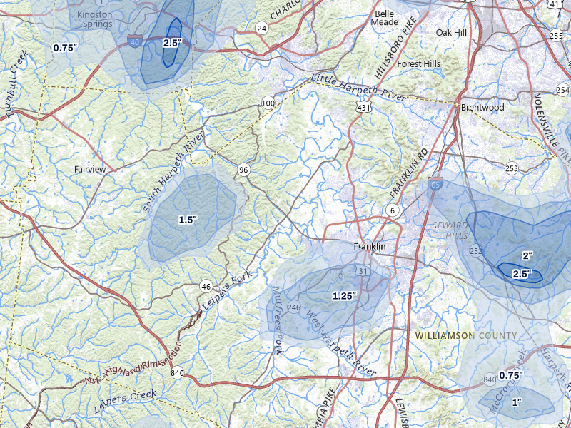 NEXRAD radar-signature map of the hail storm over Franklin, TN on Jul 3, 2026