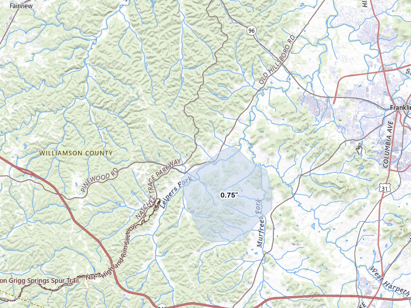 NEXRAD radar-signature map of the hail storm over Franklin, TN on Jul 31, 2026