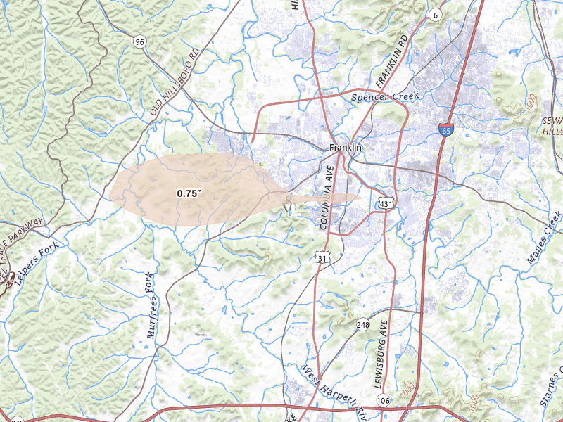 Radar-estimated hail-size map of the storm over Franklin, TN on Aug 20, 2026