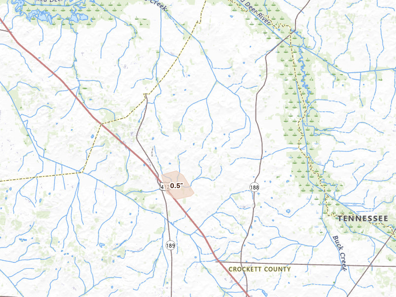 Radar-estimated hail-size map of the storm over Friendship, TN on Aug 26, 2026