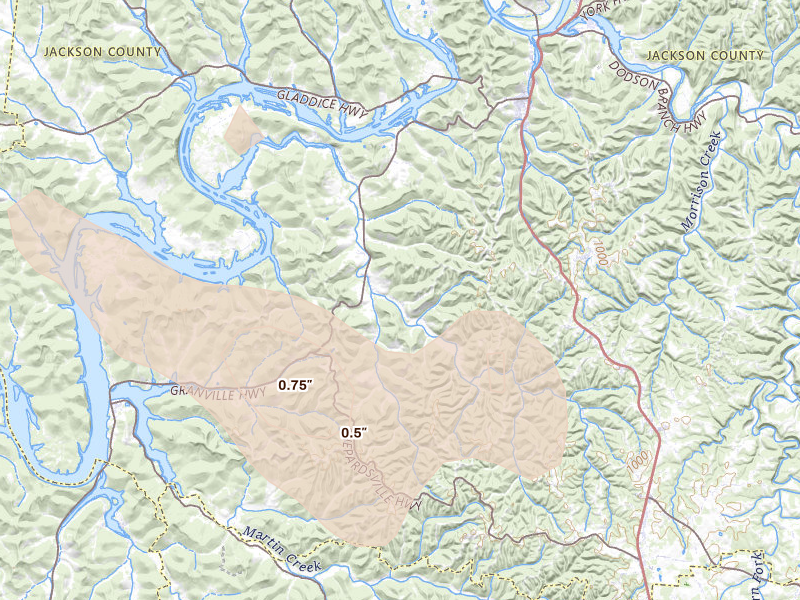 Radar-estimated hail-size map of the storm over Gainesboro, TN