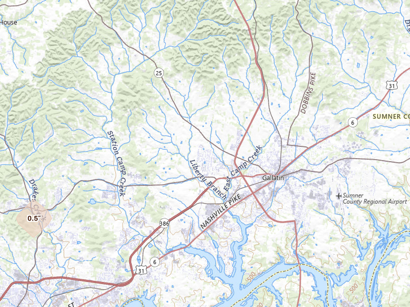 Radar-estimated hail-size map of the storm over Gallatin, TN on Apr 27, 2026