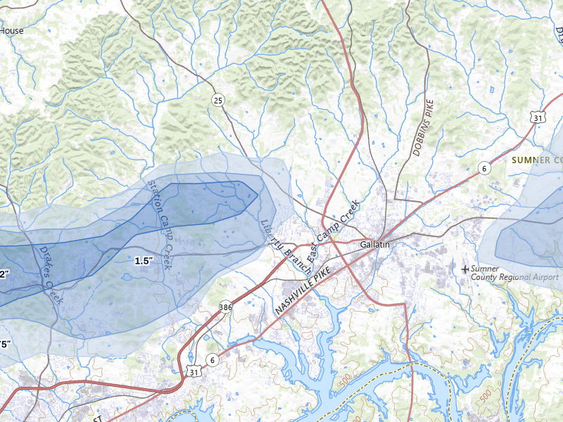 NEXRAD radar-signature map of the hail over Gallatin, TN