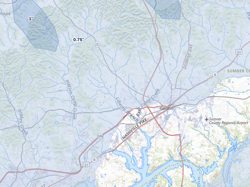 NEXRAD radar-signature map of the hail over Gallatin, TN