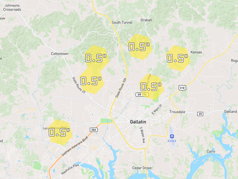 Hail map of Gallatin, TN on Jul 22, 2026, hail up to 0.5"