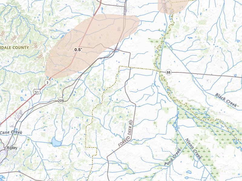 Radar-estimated hail-size map of the storm over Gates, TN on Jun 13, 2026