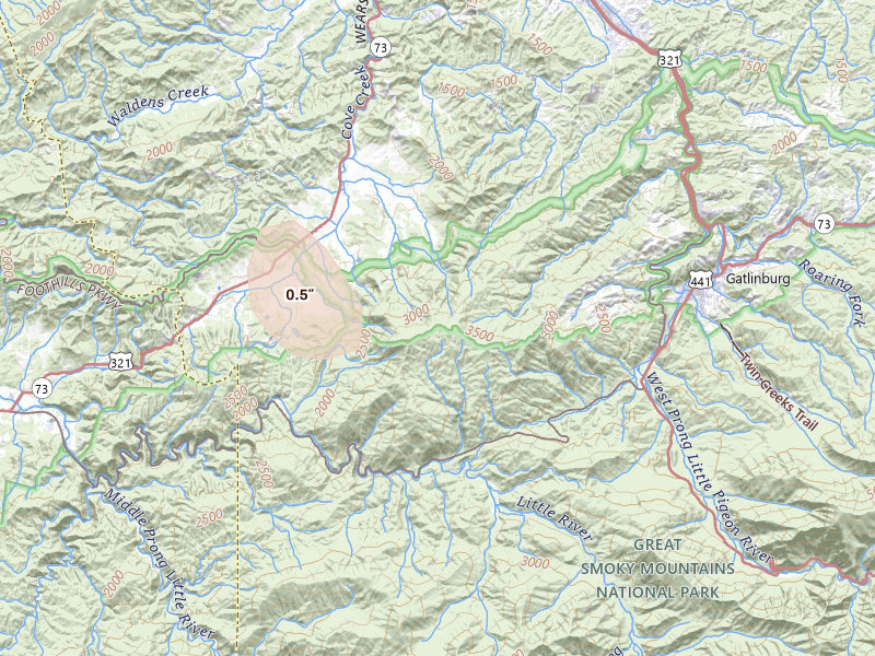 Radar-estimated hail-size map of the storm over Gatlinburg, TN on Jul 3, 2026