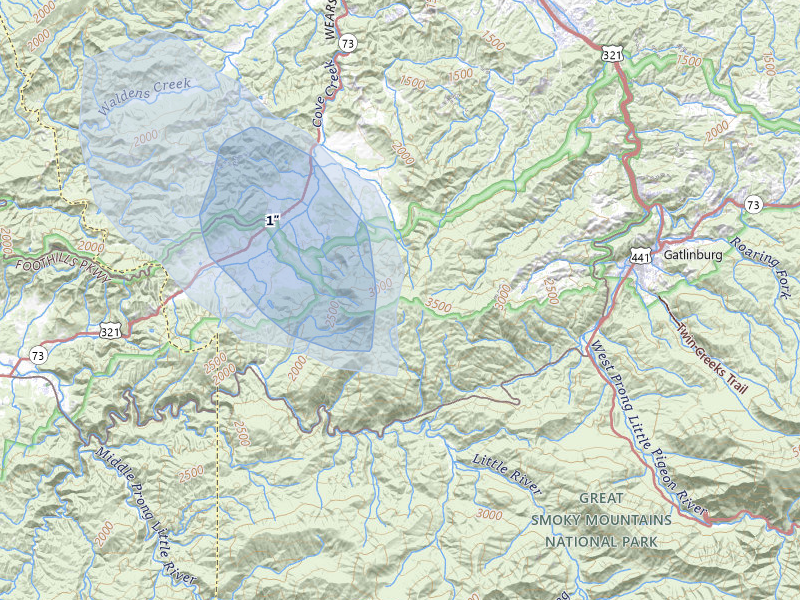NEXRAD radar-signature map of the hail storm over Gatlinburg, TN on Jul 3, 2026