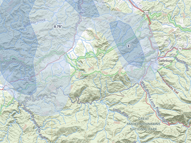 NEXRAD radar-signature map of the hail storm over Gatlinburg, TN on Jul 28, 2026
