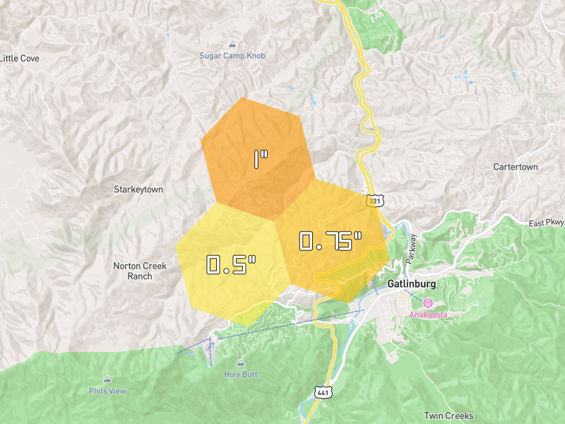 Hail map of Gatlinburg, TN on Jul 28, 2026, hail up to 1"