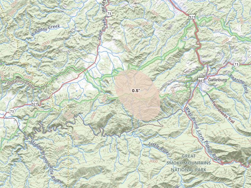 Radar-estimated hail-size map of the storm over Gatlinburg, TN on Aug 11, 2026